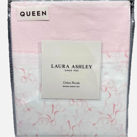 4pc Laura Ashley QUEEN Sheet Set PINK TRAILING BOWS Coquette Cotton Cottage NEW